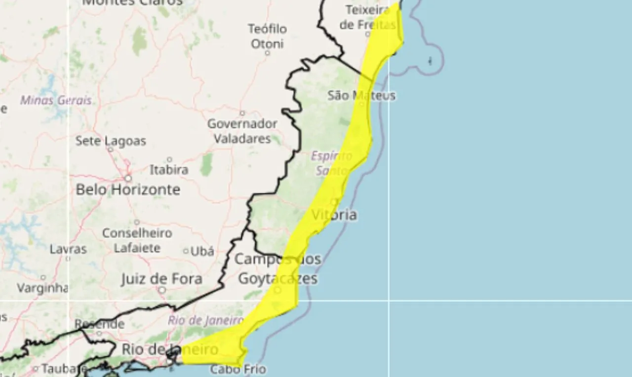 o mapa mostra as &aacute;reas me alerta para ventos intensos no litoral